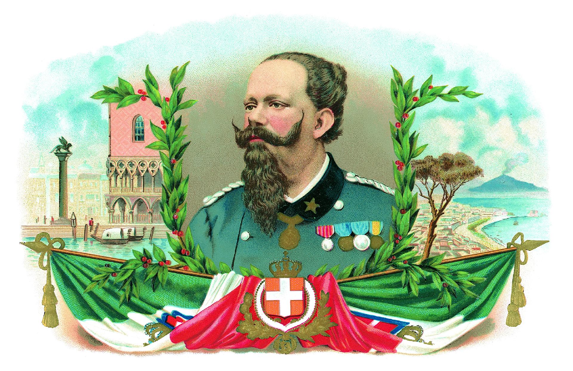 Ritratto di Vittorio Emanuele II con tricolore con lo stemma sabaudo e vedute di Napoli e Venezia, etichetta per scatola di sigari, 1890 - Museo Nazionale della Montagna "Duca Degli Abruzzi" - CAI Torino