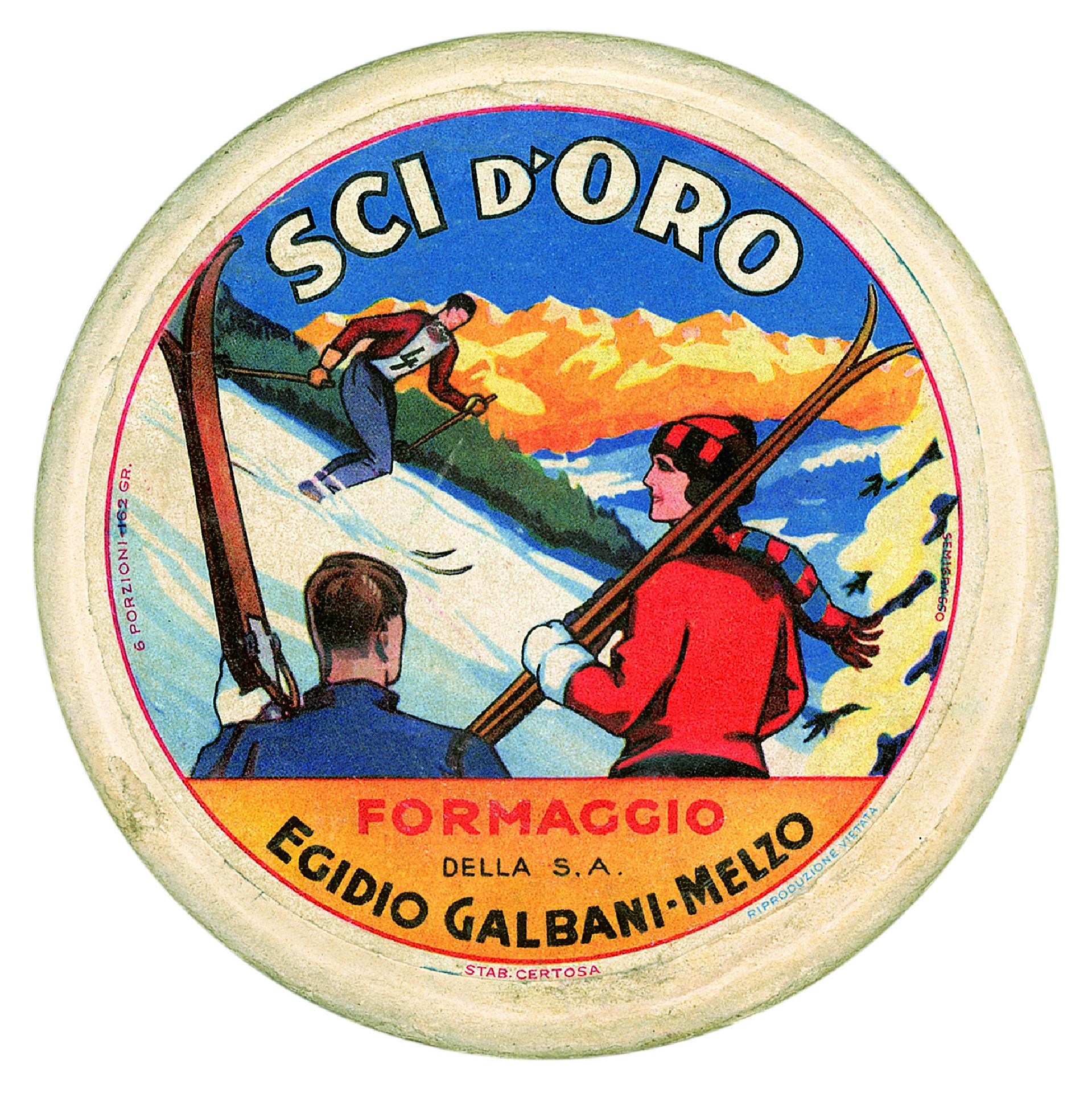 Sci d'oro, etichetta per scatola per formaggio della Galbani 1935 - Museo Nazionale della Montagna "Duca Degli Abruzzi" - CAI Torino
