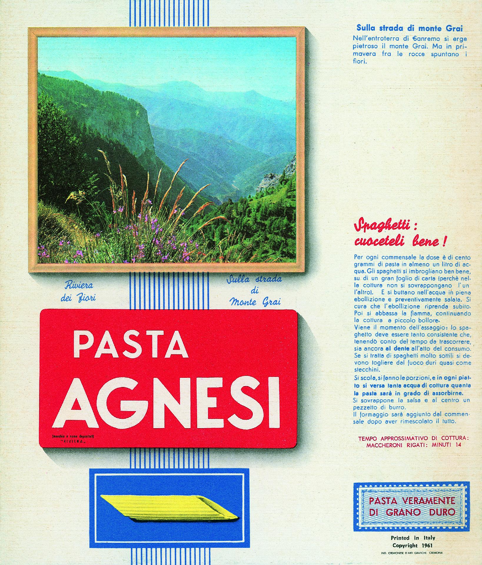 Pasta Agnesi, scorcio dell'entroterra di Sanremo, etichetta per pasta, 1961 - Museo Nazionale della Montagna "Duca Degli Abruzzi" - CAI Torino