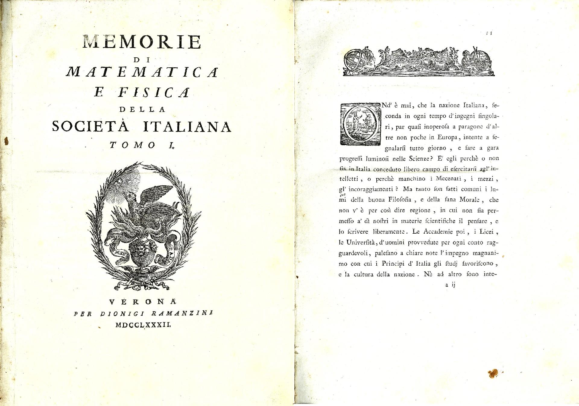 Il primo volume delle Memorie accademiche, stampato nel 1782. Frontespizio e prima pagina della prefazione del Lorgna - CC BY-SA Accademia Nazionale delle Scienze, detta dei XL