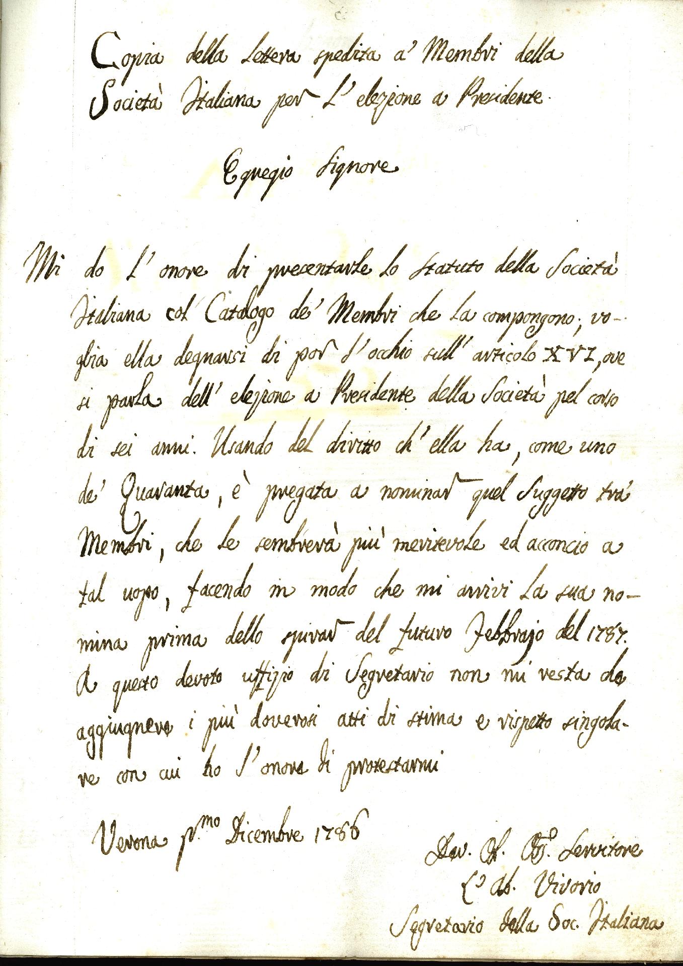 Lettera di invito ai soci alla elezione del Presidente della Società Italiana, 1786 - CC BY-SA Accademia Nazionale delle Scienze, detta dei XL