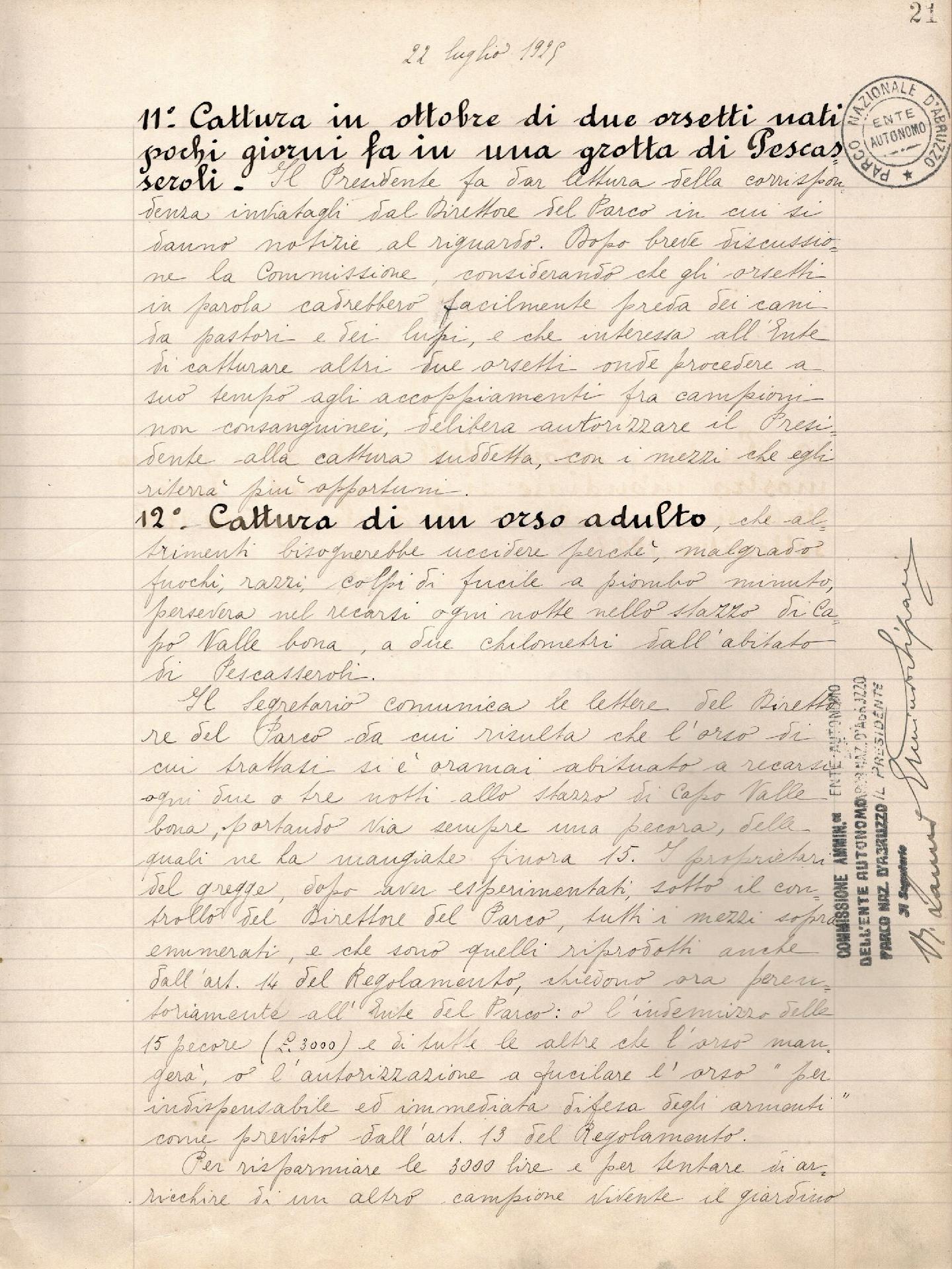 Registro dei verbali delle assemblee della Commissione esaminatrice del Parco sulle misure di prevenzione per i danni da orso, 22 luglio 1925, p. 21, Archivio storico Pnalm Cat. I Cl. 2, b1, fasc. 1 (1925 luglio 22 - 1927 maggio 7) - CC BY-SA Archivio storico Pnalm