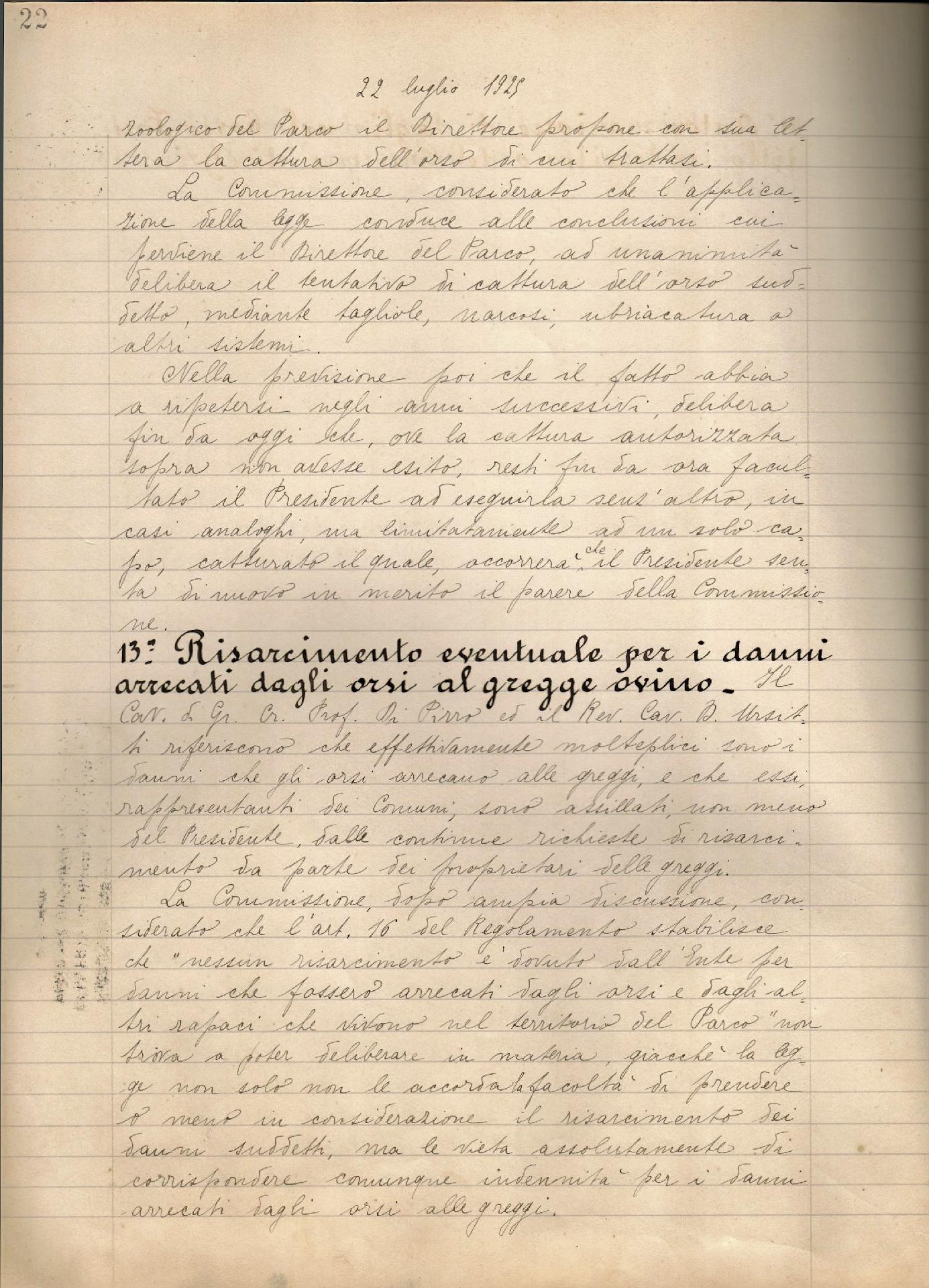 Registro dei verbali delle assemblee della Commissione esaminatrice del Parco sulle misure di prevenzione per i danni da orso, 22 luglio 1925, p. 22,Archivio storico Pnalm Cat. I Cl. 2, b1, fasc. 1 (1925 luglio 22 - 1927 maggio 7) - CC BY-SA Archivio storico Pnalm