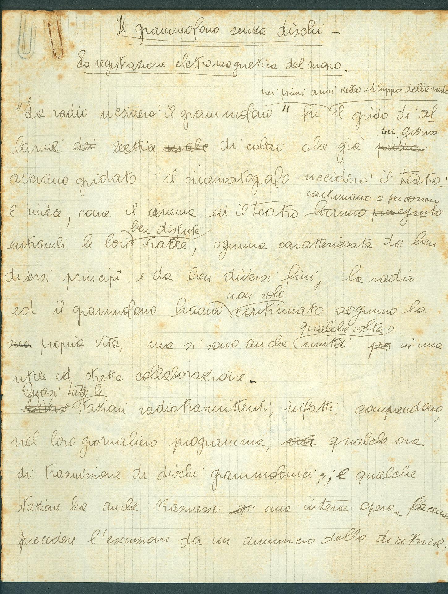 Manoscritto: Il grammofono senza dischi - CC BY-SA Dipartimento di Fisica - Sapienza Università di Roma
