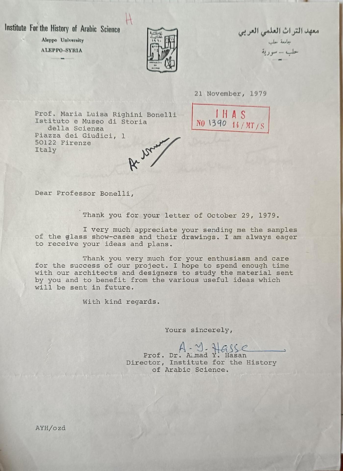 Ahmad Yousef al-Hassan a Maria Luisa Righini Bonelli, 21 novembre 1979 - Corrispondenza direzione Bonelli 1961-1981, archivio dell'Istituto e Museo di Storia della Scienza, Museo Galileo, Firenze