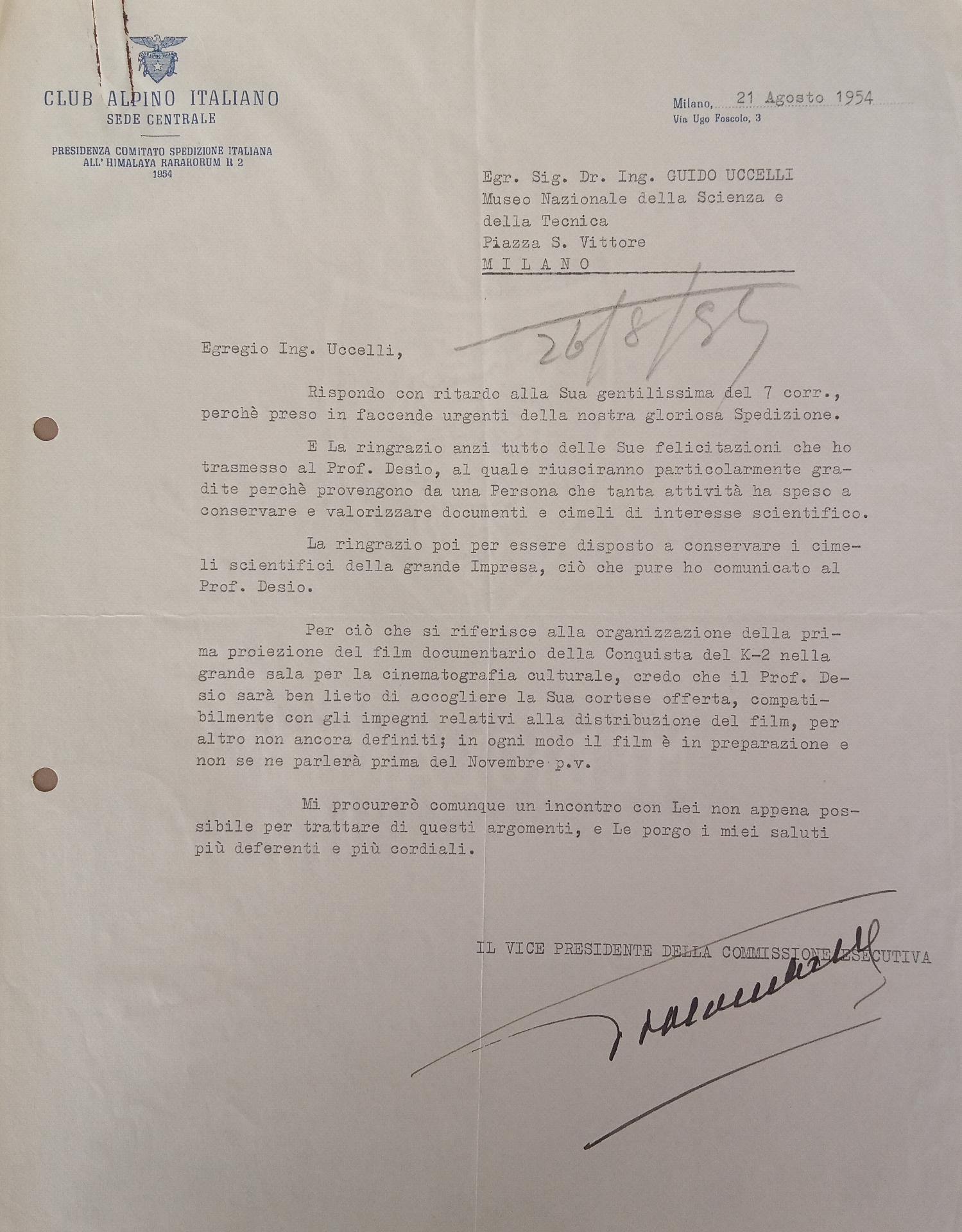 Lettera di Vittorio Lombardi, vice presidente della "Commissione Esecutiva per la Spedizione Italiana al Karakorum - K2", al presidente del Museo della Scienza e della Tecnica Guido Ucelli; 21 agosto 1954 | Archivio del Museo, Corrispondenza II, b.139 -