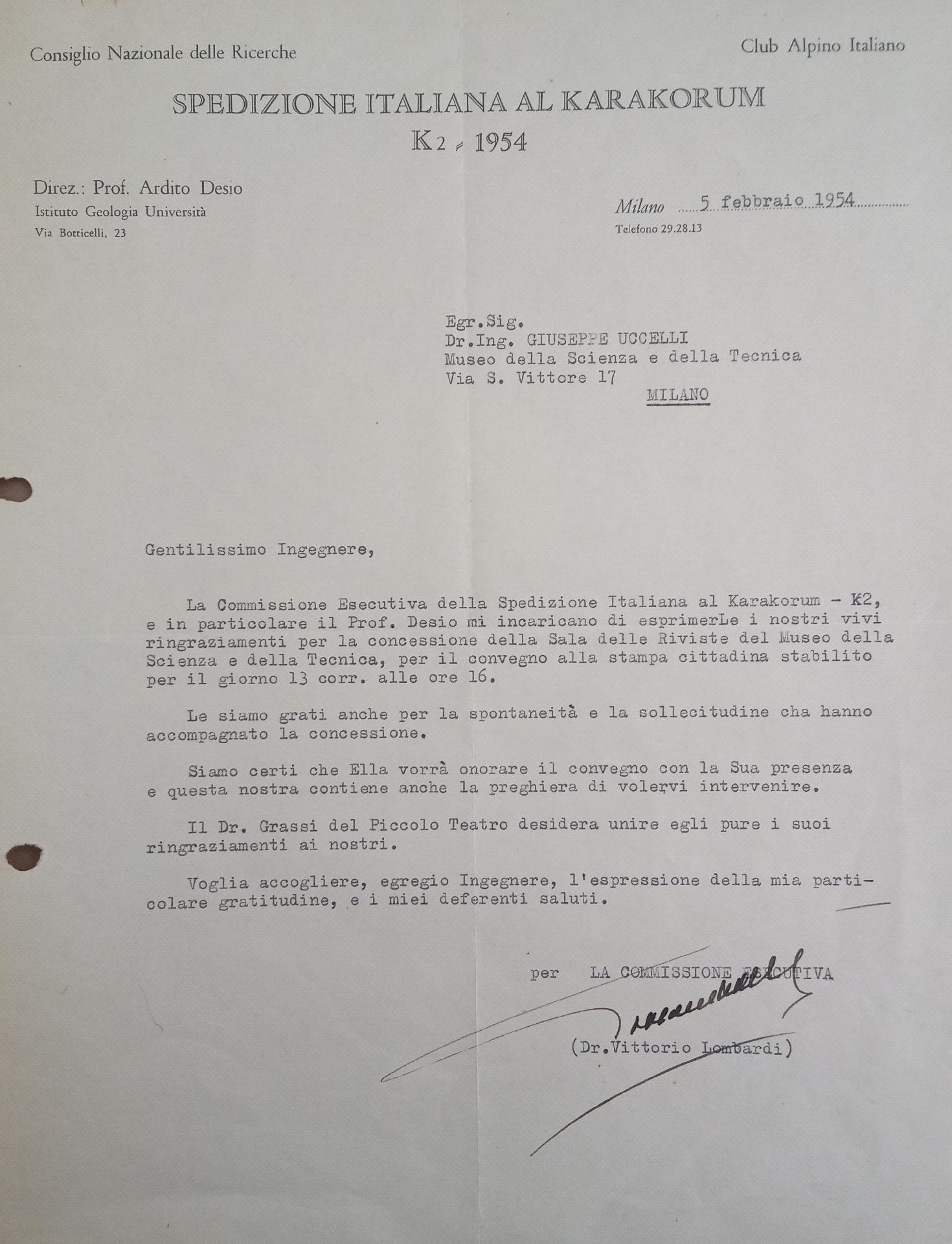 Lettera di Vittorio Lombardi, vice presidente della "Commissione Esecutiva per la Spedizione Italiana al Karakorum - K2", al presidente del Museo della Scienza e della Tecnica Guido Ucelli; 5 febbraio 1954 | Archivio del Museo, Corrispondenza II, b.139 -
