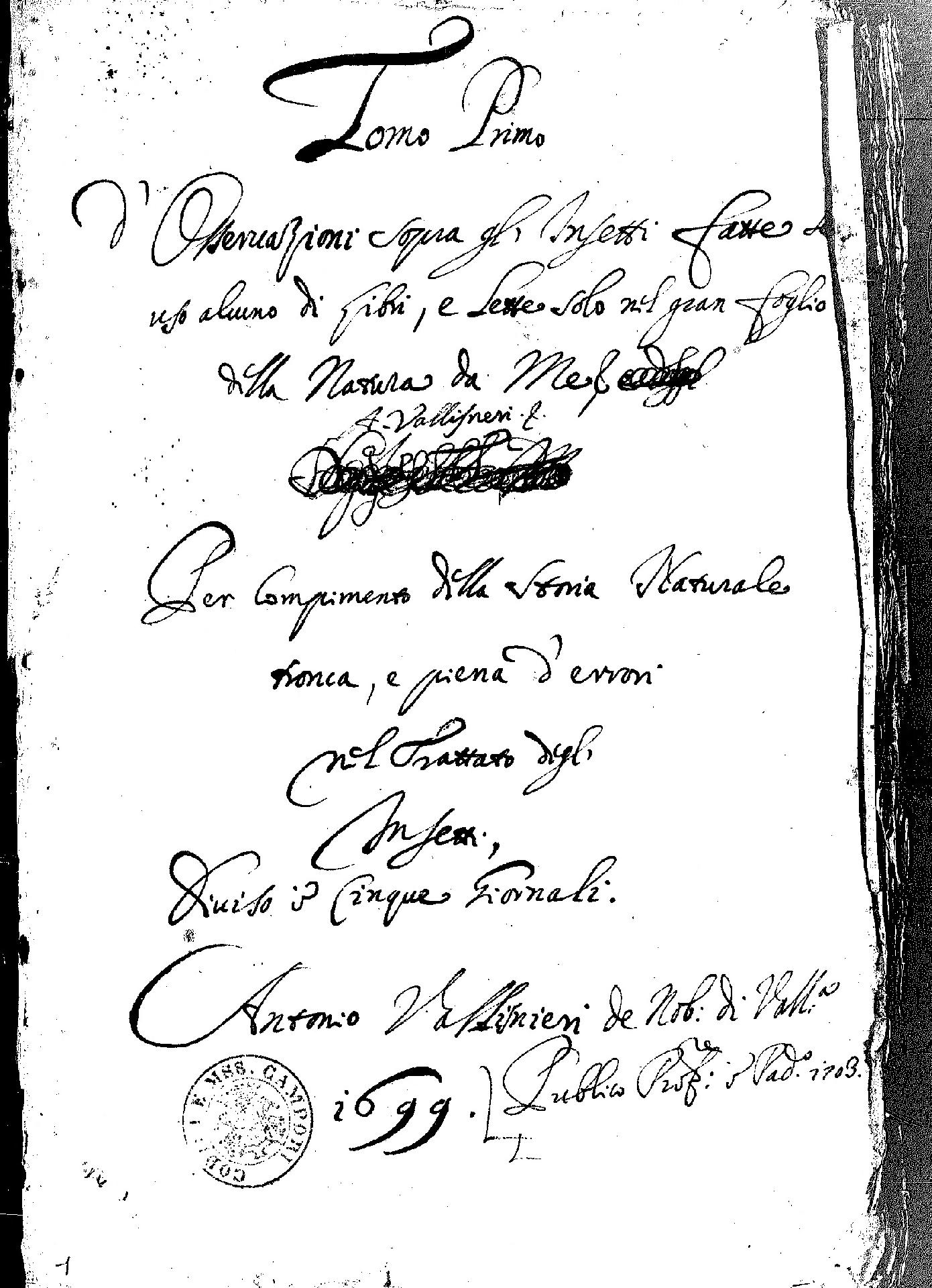 Giornali sopra gl'insetti, I, Frontespizio - Biblioteca Estense di Modena - CC BY-SA Edizione nazionale delle Opere di Antonio Vallisneri