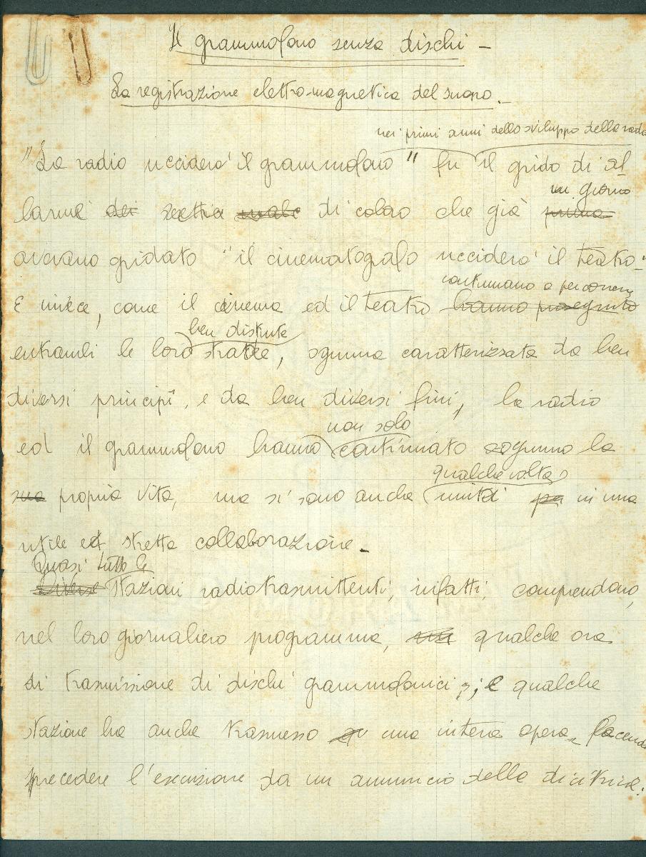 Manoscritto: Il grammofono senza dischi - CC BY-SA Dipartimento di Fisica - Sapienza Università di Roma
