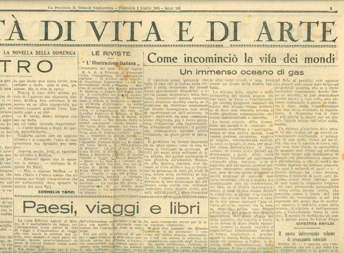 Articolo: Come incominciò la vita dei mondi, pubblicato su La Provincia di Como - CC BY-SA Dipartimento di Fisica - Sapienza Università di Roma